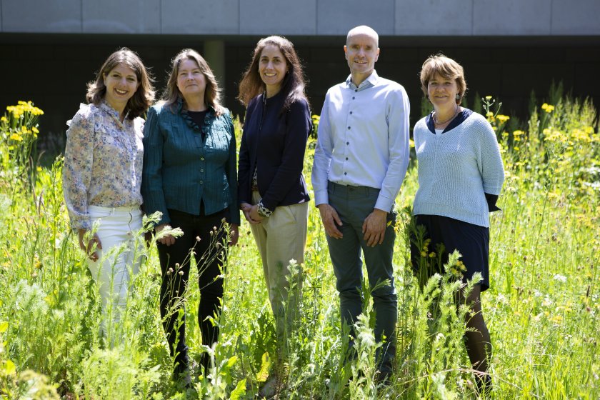 Picture of the team: Flora de Ruiter, Events; Anne Mensink, Manager Wageningen Campus & Shared Facilities.  Caroline Bijkerk, Innovation Ecosystem; Chris van Kreij, Dialogue Centre Omnia;  Nicolien Pieterse, Campus Community; Ruud Duijghuisen, Business Developer (not on the photo)