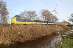 Intercity op het spoor ter hoogte van Zoeterwoude. Op de voorgrond in de berm staan bloeiende wilgstruwelen.